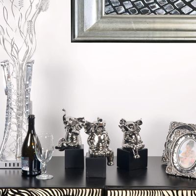 AFD Home Set of 3 Silver Mirrored Chrome Ceramic Elephants Statue Sculpture Hand Finish