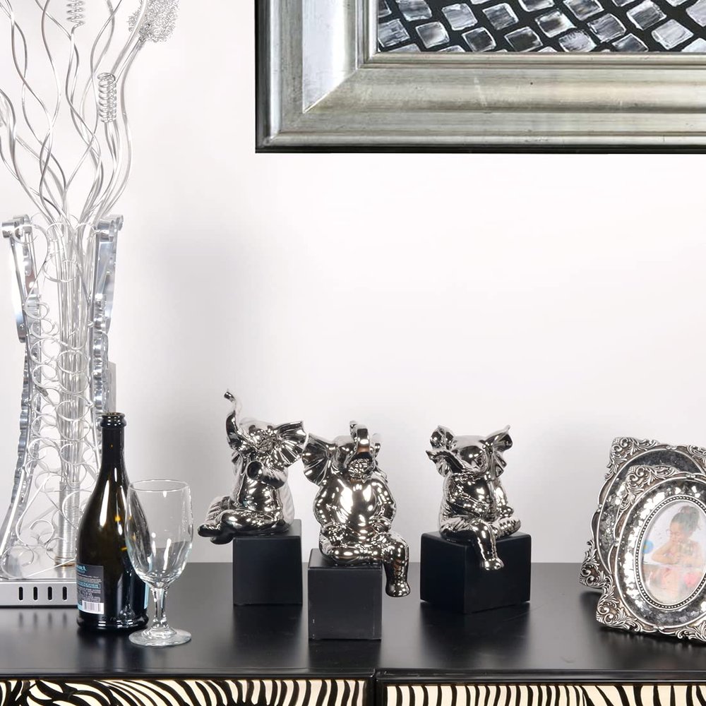AFD Home Set of 3 Silver Mirrored Chrome Ceramic Elephants Statue Sculpture Hand Finish