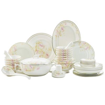 50 Pc Dinnerware Set, Porcelain Combination Set with 10.5" Dinner Plate, 7.5" Dessert Plate, 5.9"/ 7.9" Bowl, One Fish Plate, One 13-inch large Plate, Toothpicks and Ashtray,Pink-B