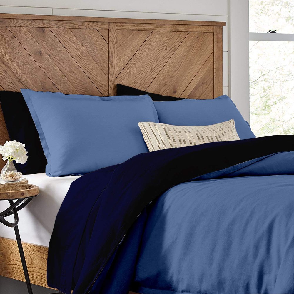 1 Piece Reversible Duvet Cover with Zipper & Corner Ties 100% Egyptian Cotton 800 Thread Count Premium Two Tone Bedding (Super King,Light Blue/Navy)
