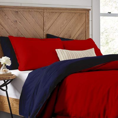 1 Piece Reversible Duvet Cover with Zipper & Corner Ties 100% Egyptian Cotton 800 Thread Count Premium Two Tone Bedding (Super King, Red/Navy)
