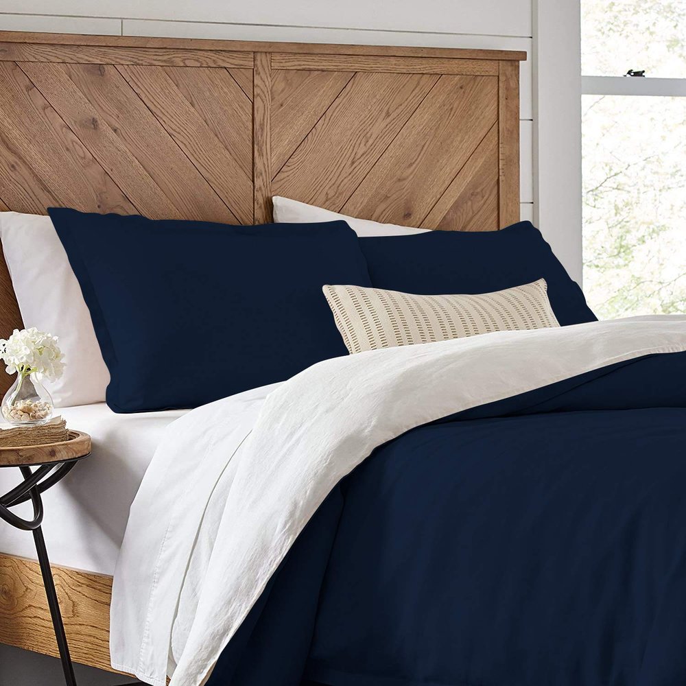 3 Piece Reversible Duvet Cover Set with Zipper & Corner Ties 100% Egyptian Cotton 800 Thread Count Premium Two Tone Bedding (Super King, Navy/White)