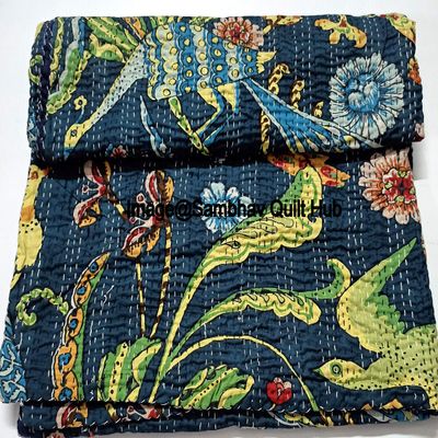 Bird Peacock Kantha Floral Printed Handmade Quilted Blanket Vintage Home Decorative KanthaThrow Blanket Kantha Bedcover Queen/King/CaliforiniaKing (Blue, Queen/King 90X108 inches)