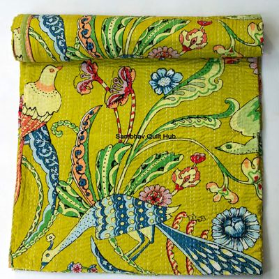 Bird Peacock Kantha Floral Printed Handmade Quilted Blanket Vintage Home Decorative KanthaThrow Blanket Kantha Bedcover Queen/King/CaliforiniaKing (Mustered Yellow, California King(108X108) inches)