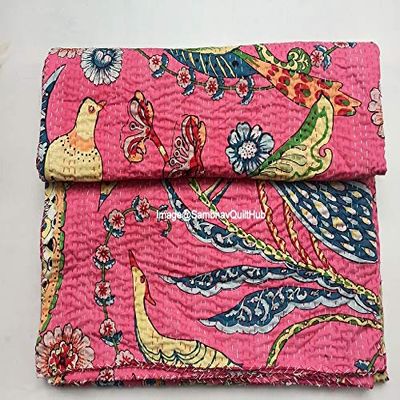 Bird Peacock Kantha Floral Printed Handmade Quilted Blanket Vintage Home Decorative KanthaThrow Blanket Kantha Bedcover Queen/King/CaliforiniaKing (Pink, California King(108X108) inches)