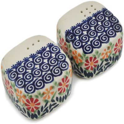 Polmedia Polish Pottery Salt and Pepper Set - Wave Of Flowers Pattern Handmade in Boleslawiec Poland + Certificate of Authenticity