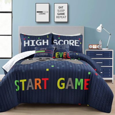 Lush Decor Video Games Reversible Quilt Queen Size 4 Piece Set Full/Queen Navy & Multi - Kids Bedding Set Queen Quilt - Kids Bedroom Decor