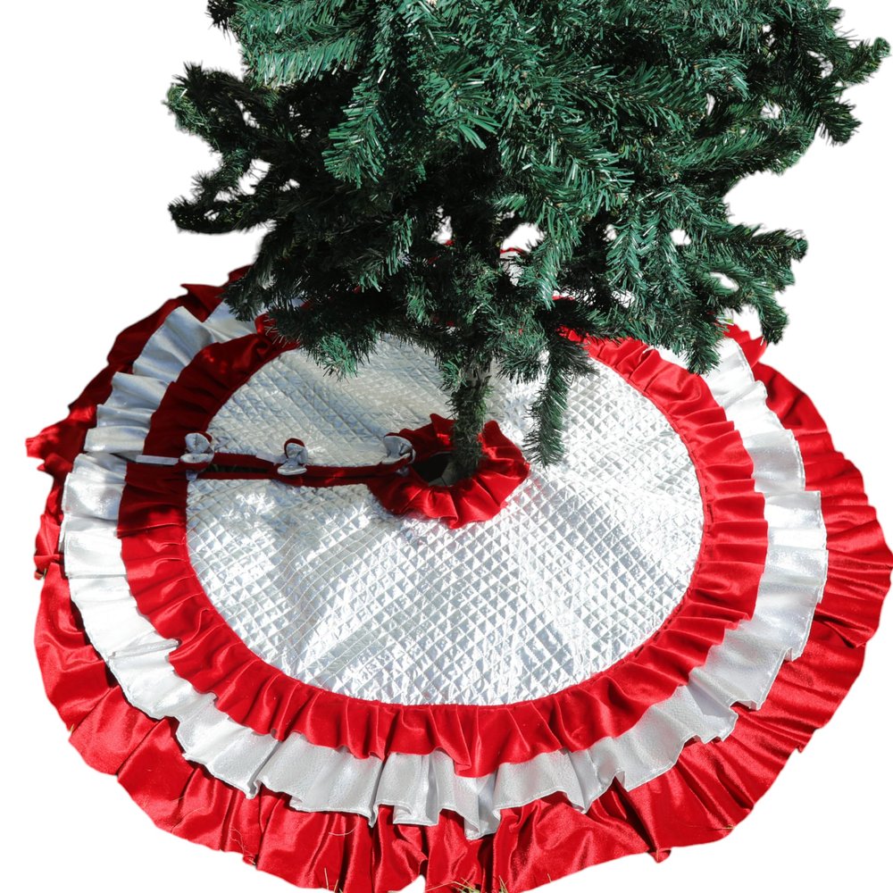 Silver Christmas Tree Skirt 36'' to100'' 3 Layer Ruffle Red Velvet Metalic Silver Lined Extra Large Christmas Tree Skirt Bow Closure