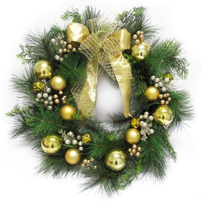 Deluxe Gold Ornament Bell Berry Pine Wreath 24in 24" L X W 6" Dp Un-lit