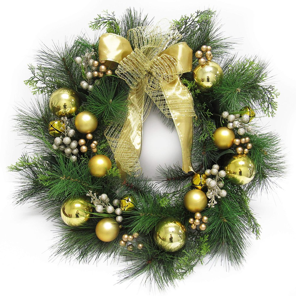 Deluxe Gold Ornament Bell Berry Pine Wreath 24in 24" L X W 6" Dp Un-lit