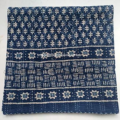 Blue Indigo Print Cotton Handmade Handblock Quilted Blanket Indian Cottodspread Kantha Indigo Print Beork Bohemian Bed Decor Block Throw Blanket Twin/King/Queen (California King 108X108 inches)