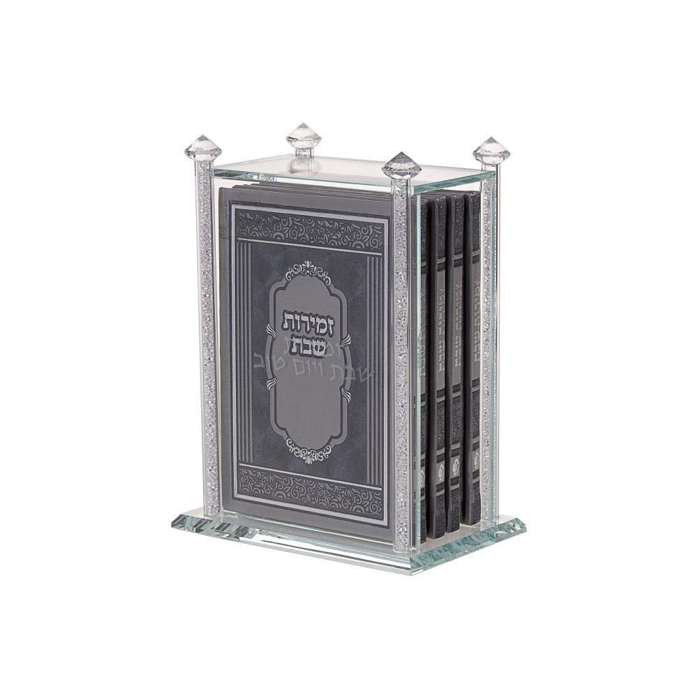 Judaica Place Crystal Bencher Holder Decorated with Crushed Glass Filled Stems Includes Set of 5 Hardcover Hebrew Silver Bentchers - Bencher Box Zemiros Holder