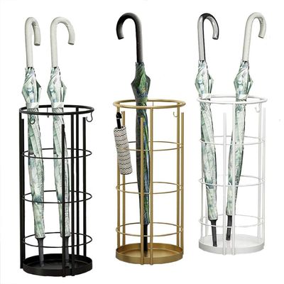 Umbrella Racks Hua Household Umbrella Stand, Modern Metal Hotel Lobby Commercial Creative Umbrella Bucket, Storage of Long and Short Umbrellas, with 3 Hooks, Black, Gold, White (Color : Gold)
