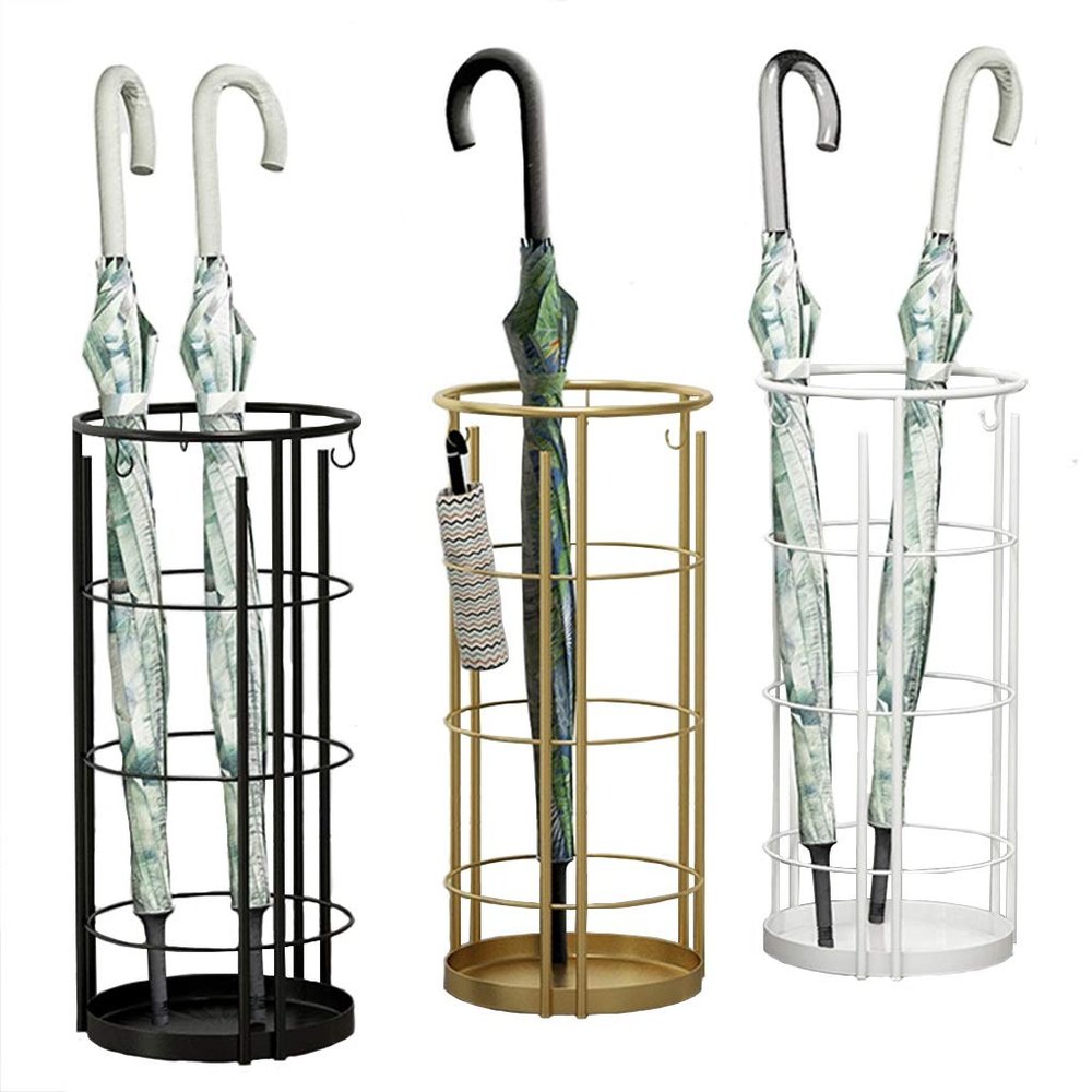 Umbrella Racks Hua Household Umbrella Stand, Modern Metal Hotel Lobby Commercial Creative Umbrella Bucket, Storage of Long and Short Umbrellas, with 3 Hooks, Black, Gold, White (Color : Gold)
