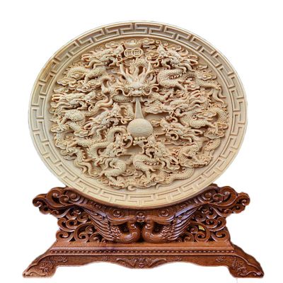 Natural Boxwood Carved Fengshui Folding Screen Salver Statue (Royal 9 Dragon)