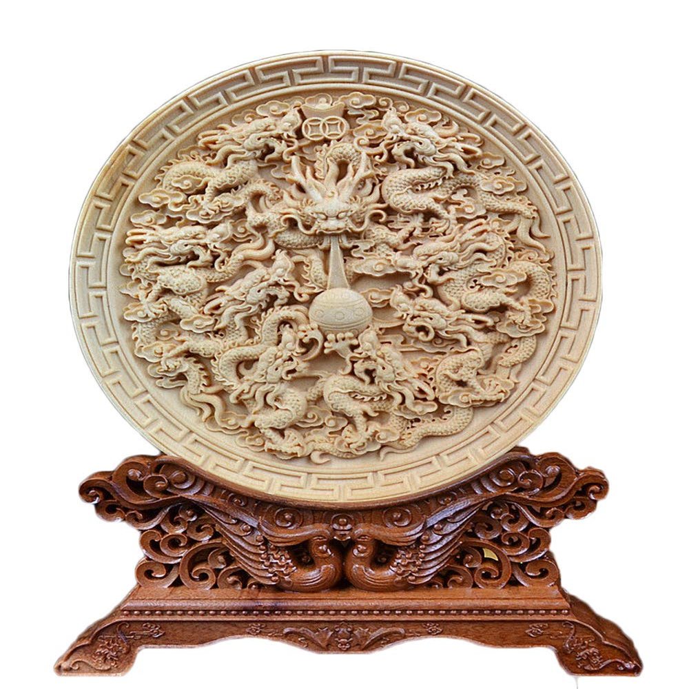 Natural Boxwood Carved Fengshui Folding Screen Salver Statue (Royal 9 Dragon)