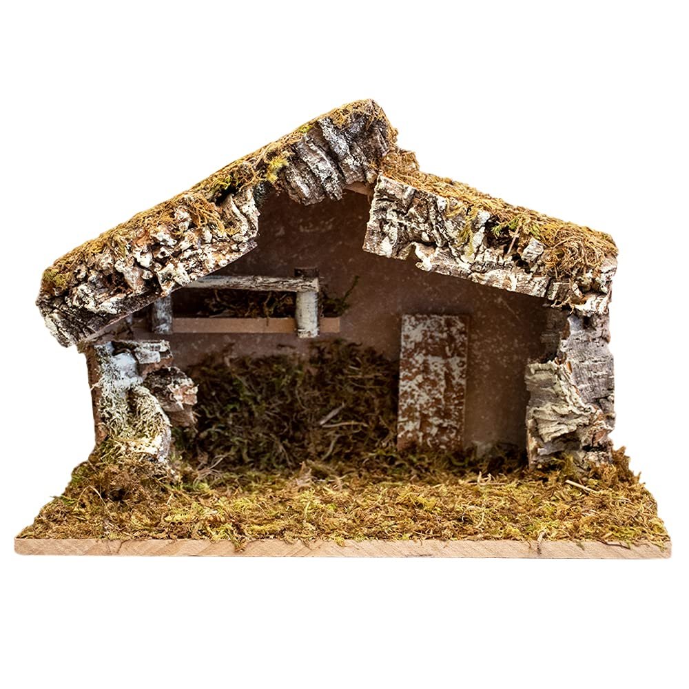 VILLAGE GIFT IMPORTERS Nativity Stable Creche for Christmas Nativity Scene Wood with Moss 12" x 7" x 9" Handmade in Italy
