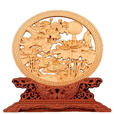 Natural Boxwood Carved Fengshui Folding Screen Salver Statue (Mandarin Duck Lotus)