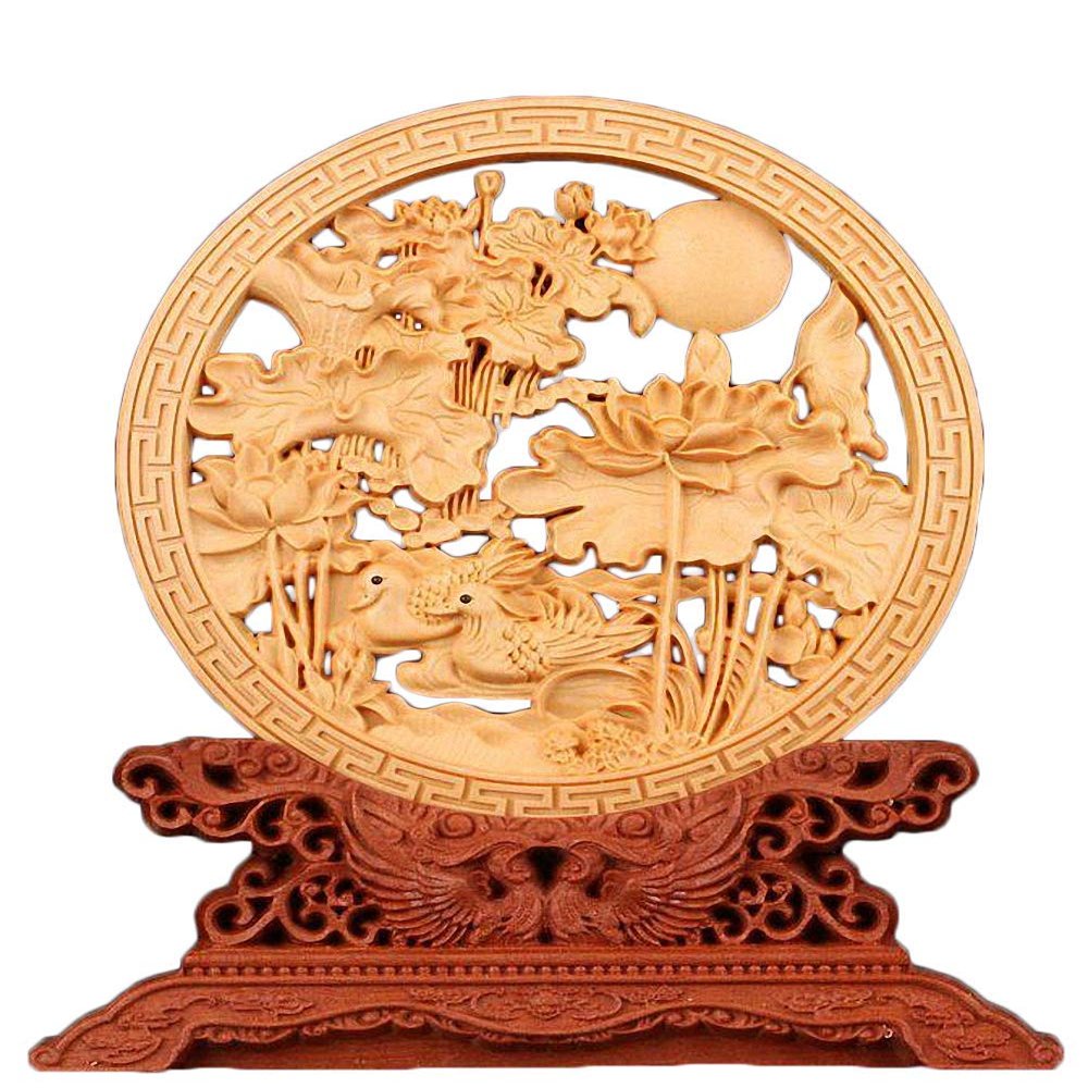 Natural Boxwood Carved Fengshui Folding Screen Salver Statue (Mandarin Duck Lotus)