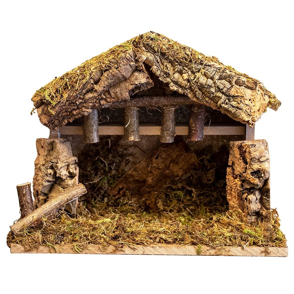 Village Nativity Wooden Stable Creche for Christmas Nativity Set, 10 inches x 5 inches x 8 inches, Made in Italy