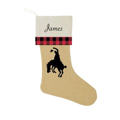 Bucking Bronco Western Rodeo Horse Christmas Stocking Burlap With Personalization Decor Buffalo Plaid