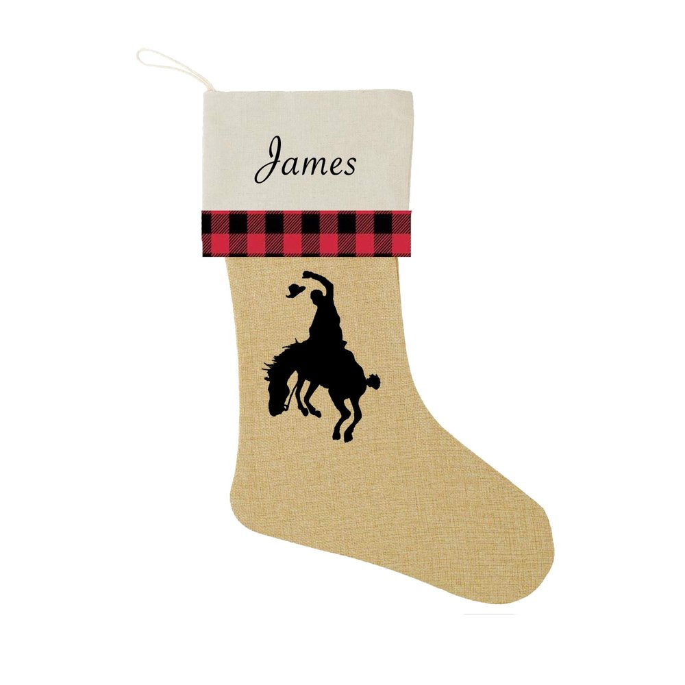 Bucking Bronco Western Rodeo Horse Christmas Stocking Burlap With Personalization Decor Buffalo Plaid