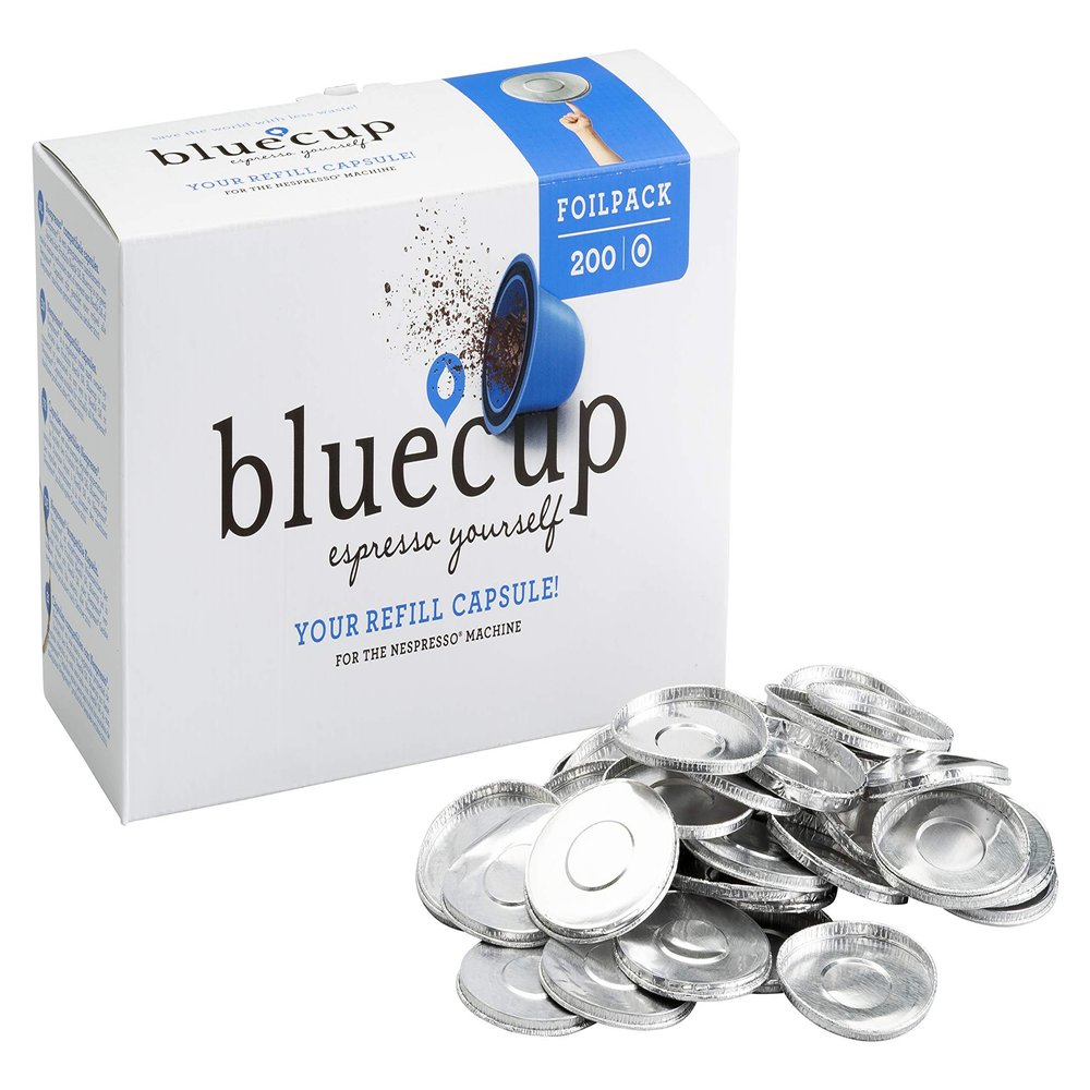 Bluecup Refill Lids for Reusable Nespresso Pods, 200 Count Single-Use Foil Lids for Bluecup Capsules, Airtight Seal for Bolder Espresso