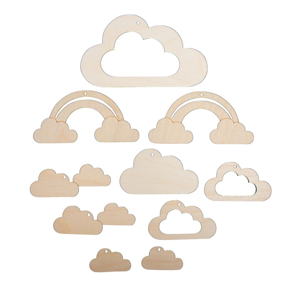 Rayher 63065505 Set of 8 Wooden Cloud and 2 Rainbow Shapes for DIY Mobile Wall Hanging and Crafts, 10 Pieces, Natural Wood, 4.5-14cm
