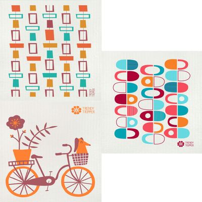 3-Pack EARTH-FRIENDLY European Compostable Sponge Cloths (aka) Swedish Dishcloths - Reusable + Washable MCM BORDEAUX/ORANGE on Natural (3-Pk Tiles + Pods + Bicycle in Bordeaux/Orange on Natural)