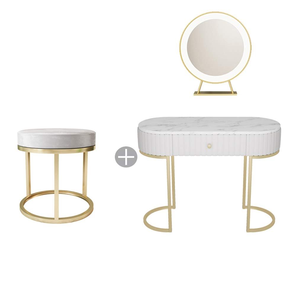 Side End Table Vanity Table Set with Adjustable Brightness LED Mirror and Cushioned Stool, Hall Console table Dressing Table Vanity Makeup Table with Marble top for bedroom, closet or hallway. for Liv