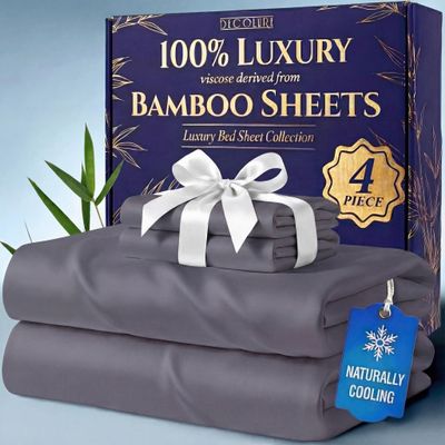 DECOLURE 100% Viscose Derived from Bamboo Sheets Queen Size - Luxury 4 Pc Naturally Cooling Sheets, Ultra Soft Bed Set - Deep 17" Pockets, Durable Double Stitching, Oeko Tex Standard (Grey)