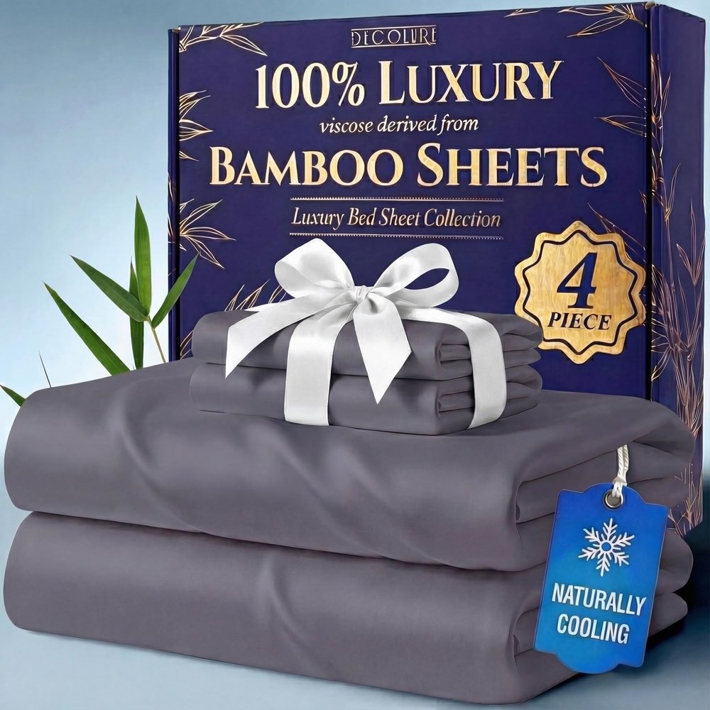 DECOLURE 100% Viscose Derived from Bamboo Sheets Queen Size - Luxury 4 Pc Naturally Cooling Sheets, Ultra Soft Bed Set - Deep 17" Pockets, Durable Double Stitching, Oeko Tex Standard (Grey)