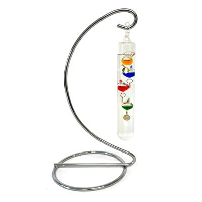 Hanging Galileo Thermometer ON A Metal Stand | Measures temperatures from 18 Degrees Centigrade to 24 Degrees | Also in Fahrenheit | Weather Station | Water Thermometer | 23cm high