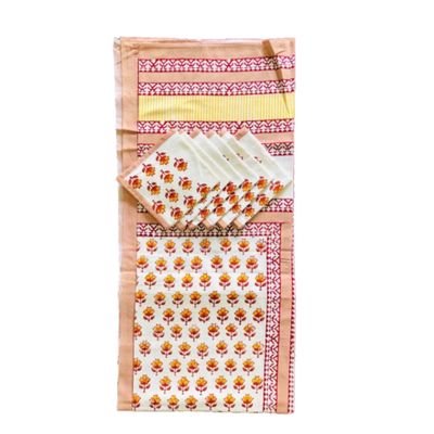 India Meets India Handblock Printed Cotton Table Cloth and 6 Napkins with Beautiful Floral Design (Peach3)