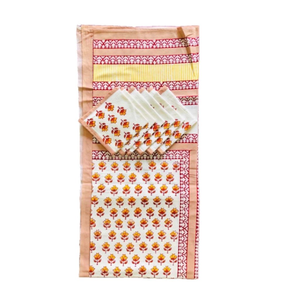 India Meets India Handblock Printed Cotton Table Cloth and 6 Napkins with Beautiful Floral Design (Peach3)