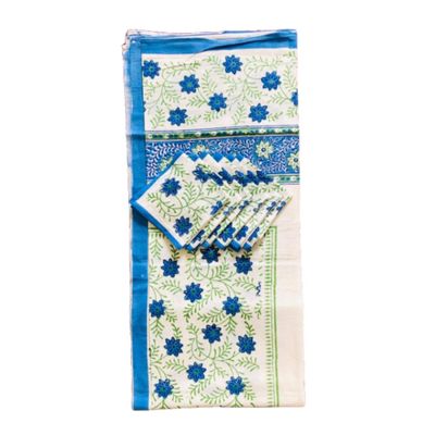 India Meets India Handblock Printed Cotton Table Cloth and 6 Napkins with Beautiful Floral Design (Blue3)