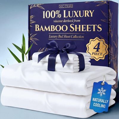 DECOLURE 100% Viscose Derived from Bamboo Sheets King Size - Luxury 4 Pc Naturally Cooling Sheets, Ultra Soft Bed Set - Deep 17" Pockets, Durable Double Stitching, Oeko Tex Standard (White)