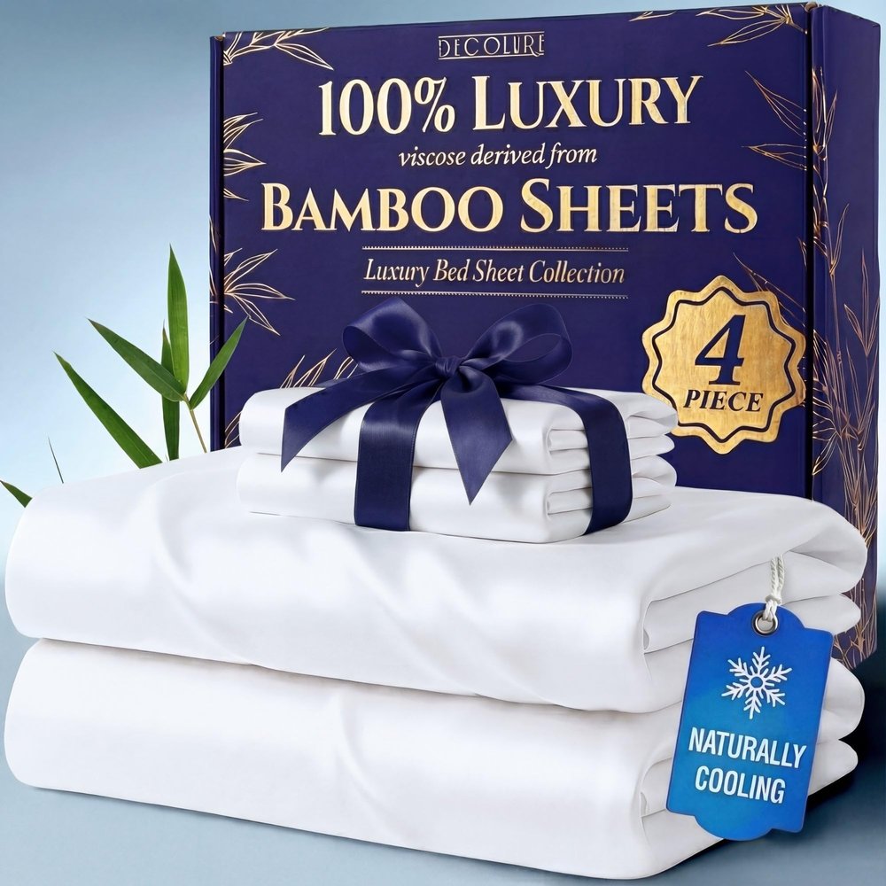 DECOLURE 100% Viscose Derived from Bamboo Sheets King Size - Luxury 4 Pc Naturally Cooling Sheets, Ultra Soft Bed Set - Deep 17" Pockets, Durable Double Stitching, Oeko Tex Standard (White)