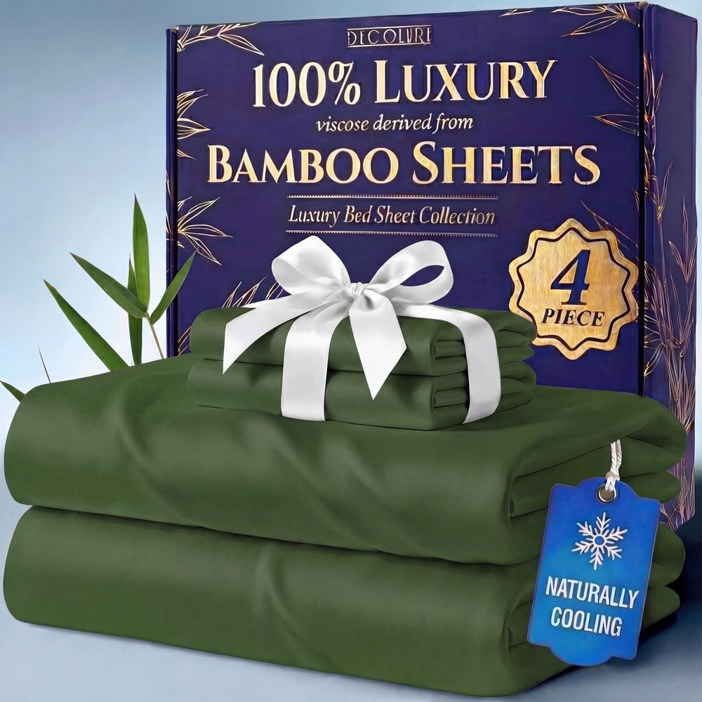 DECOLURE 100% Viscose Derived from Bamboo Sheets Queen Size - Luxury 4 Pc Naturally Cooling Sheets, Ultra Soft Bed Set - Deep 17" Pockets, Durable Double Stitching, Oeko Tex Standard (Olive)