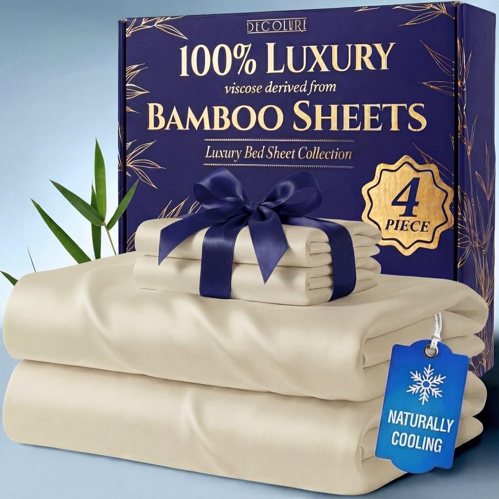DECOLURE 100% Viscose Derived from Bamboo Sheets Queen Size - Luxury 4 Pc Naturally Cooling Sheets, Ultra Soft Bed Set - Deep 17" Pockets, Durable Double Stitching, Oeko Tex Standard (Creme)