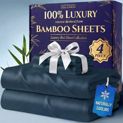 DECOLURE 100% Viscose Derived from Bamboo Sheets King Size - Luxury 4 Pc Naturally Cooling Sheets, Ultra Soft Bed Set - Deep 17" Pockets, Durable Double Stitching, Oeko Tex Standard (Navy Blue)