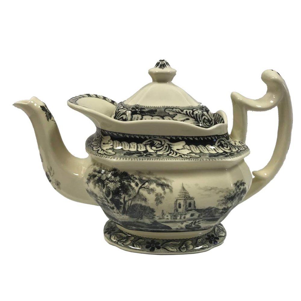 11" Pond Fishing Transferware Porcelain Teapot Antique Reproduction