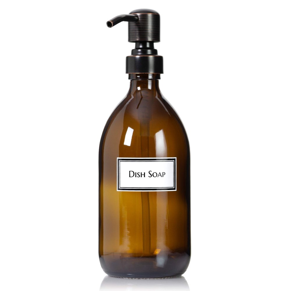 Artanis Home Refillable Amber Glass Dish Soap Dispenser 16 oz Ceramic Printed Apothecary Bottle with Oil Rubbed Bronze Pump