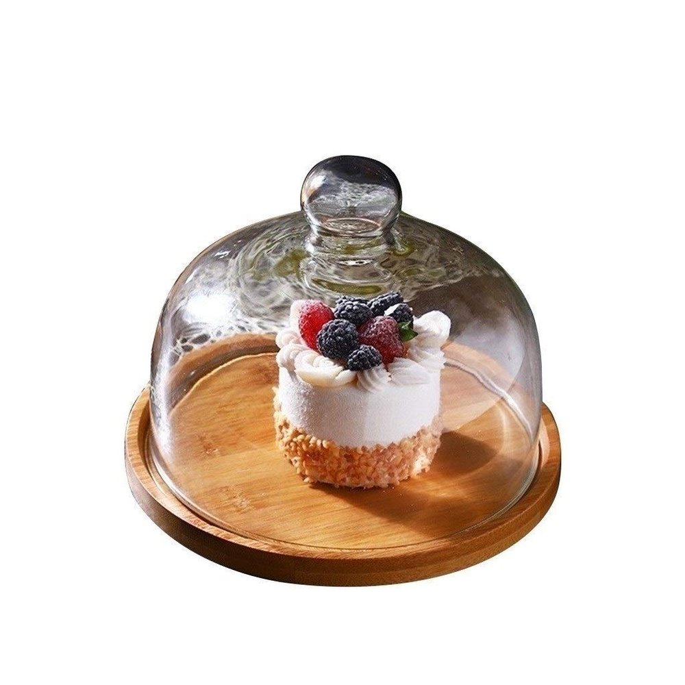 Wooden Plate with Lid, Restaurant Steak Tray Upgraded Glass Cake Dome Chip & Dip Server 6/8/10Inch (Size : 202014CM)