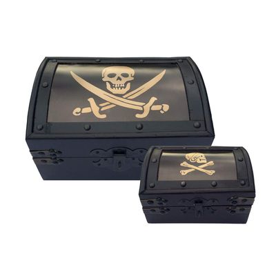 Schooner Bay Co. Set of 2 Black Pirate Flag Antique Vintage Style Nesting Trunks, 9-1/2" and 7"