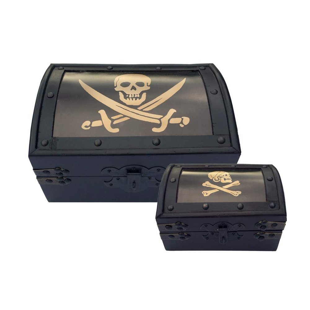 Schooner Bay Co. Set of 2 Black Pirate Flag Antique Vintage Style Nesting Trunks, 9-1/2" and 7"