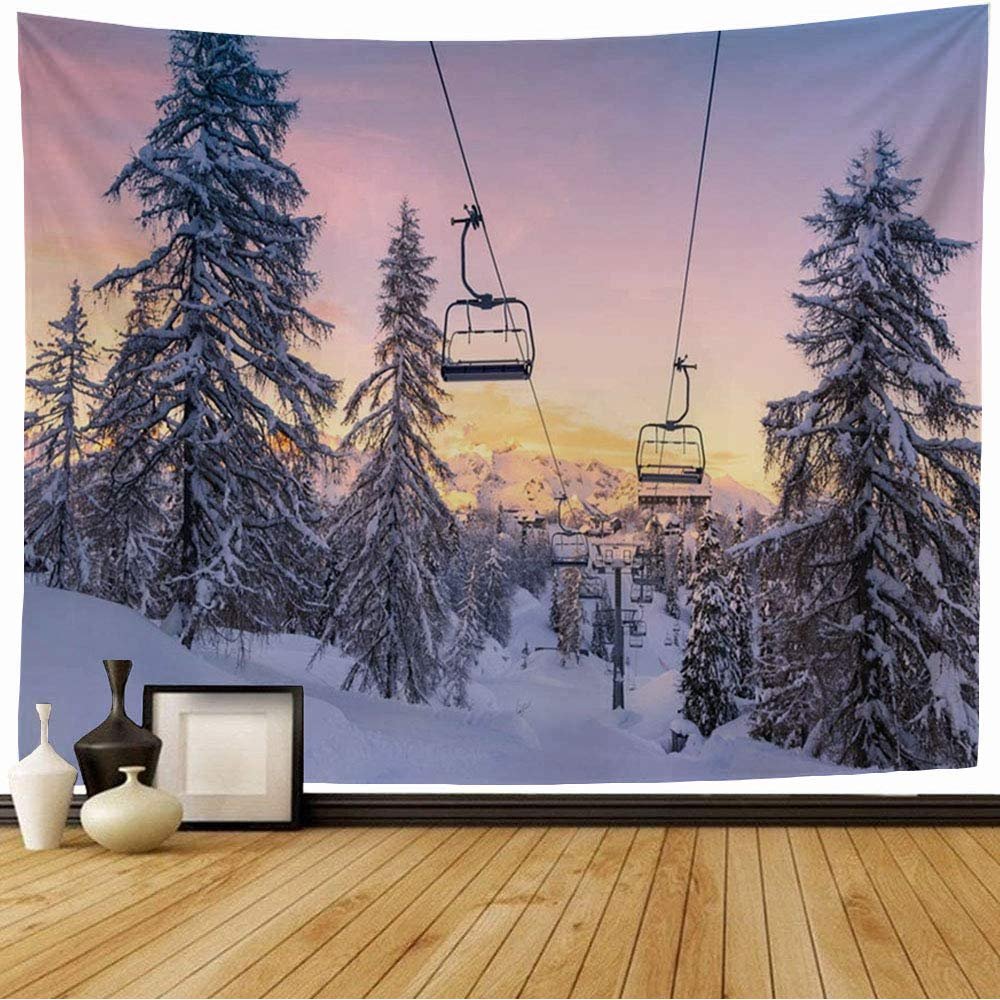 Wall Tapestry Blue Travel Elevator Winter Mountains Panorama Peak Ski Slopes Nature Alps Line Design Hill Bohinj Tapestry Wall Hanging Bedding Tapestry for Bedroom 80x60 Inch