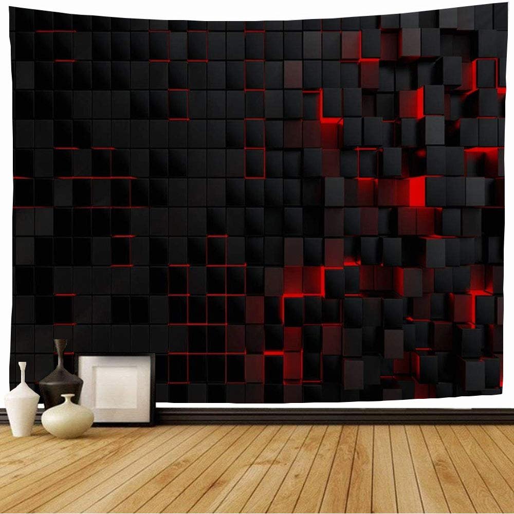 Starochi Tapestry Wall Hanging Robot Red Future Abstract Futuristic Cubes Shape Black Technology Tech Modern Cyber Neon Geometric Tapestry Decor Living Room Bedroom for Home 80x60 Inch