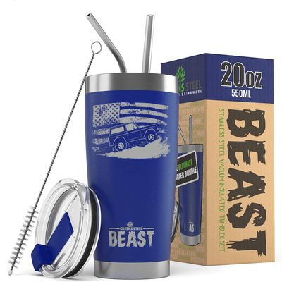 1966-77 Ford Bronco 4x4 American Flag BEAST 20 oz Stainless Steel Insulated Tumbler w/Lid, 2 Straws, Brush and Gift Box royal