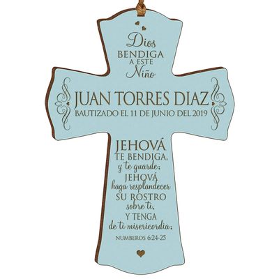 LifeSong Milestones Personalized Baptism Mini Wall Cross Ornament with Spanish Verse - The Lord Bless You Baptism Cross for Baby Boys Christening First Communion Baptism Gift (Blue)
